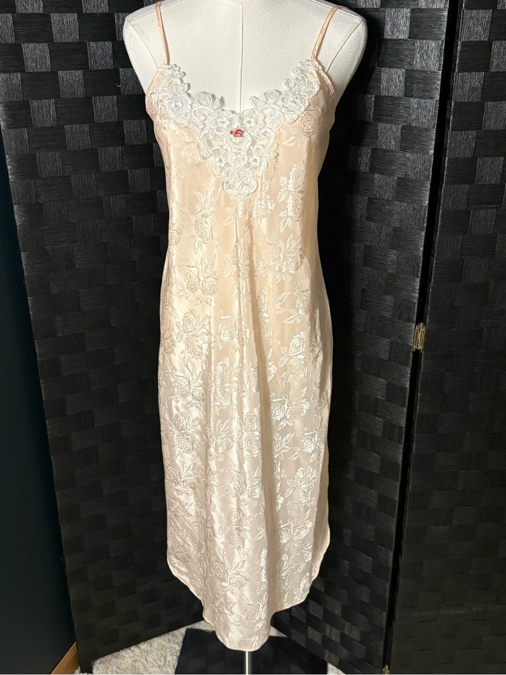Vintage Inner Most Fairycore Champagne Satin Floral Lace Slip Dress lingerie